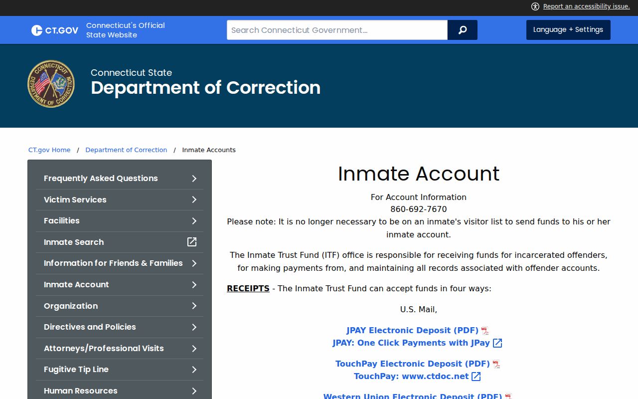 Hamden inmate records DOC inmate accounts and deposits