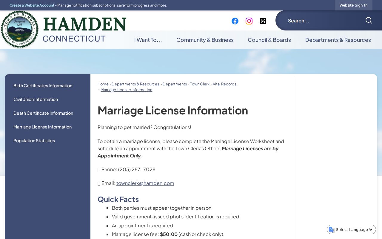 Hamden marriage records Hamden marriage license information